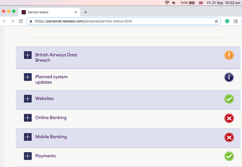 Screenshot of NatWest service status page Friday 21 September 2018