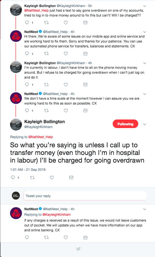 Screenshot of Twitter thread between @Natwest_Help and @KayleighBollington