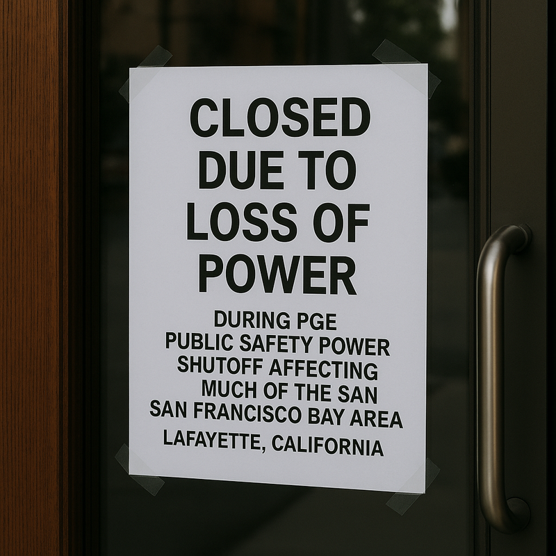 Printed sign on door of business indicating that business was closed due to loss of power during a Pacific Gas and Electric (PGE) Public Safety Power Shutoff affecting much of the San Francisco Bay Area, Lafayette, California